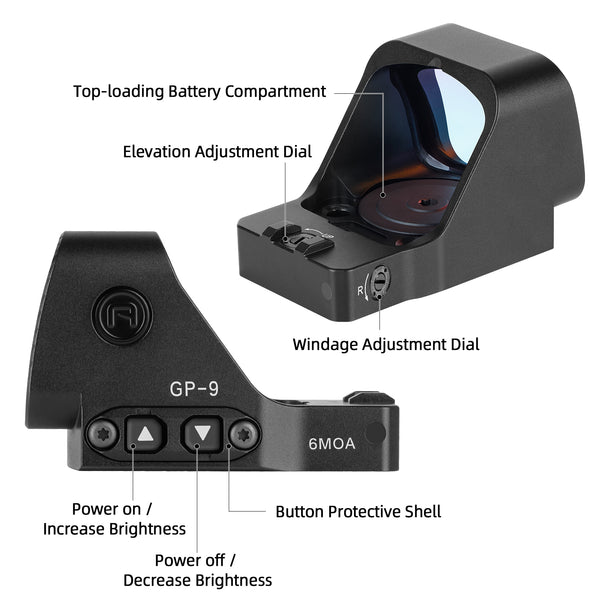 GOWUTAR GP-9 Large Window Red Dot Sight - 6 MOA RMR Footprint Red Dot Optics - 7075 Aluminum Motion Awake Pistol Reflex Sights